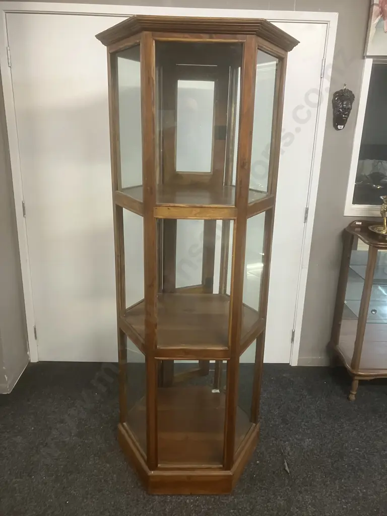 Wood & Glass Hexagonal 3 Tier Display Cabinet, 2 Door With Keys. 179.5 x 75cm (1 Glass Panel Missing) Image 1++