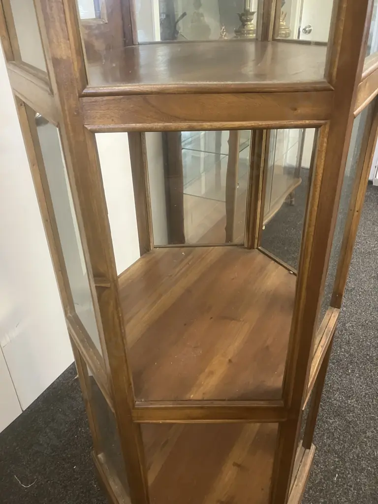 Wood & Glass Hexagonal 3 Tier Display Cabinet, 2 Door With Keys. 179.5 x 75cm (1 Glass Panel Missing) Image 1++