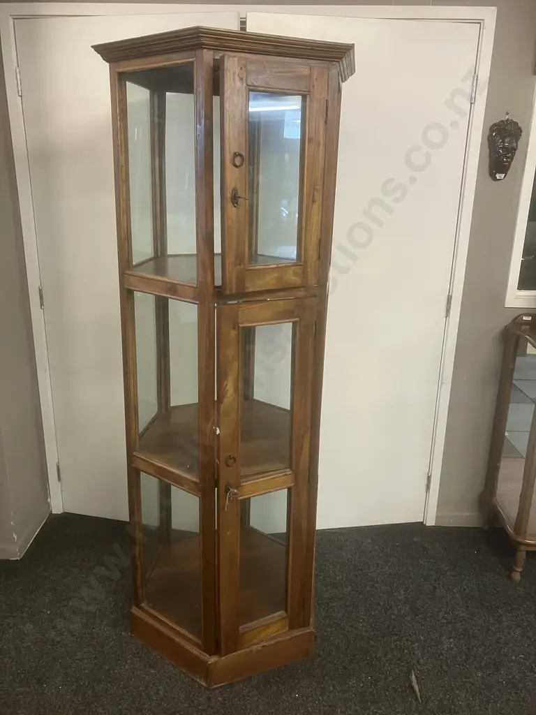 Wood & Glass Hexagonal 3 Tier Display Cabinet, 2 Door With Keys. 179.5 x 75cm (1 Glass Panel Missing) Image 1++