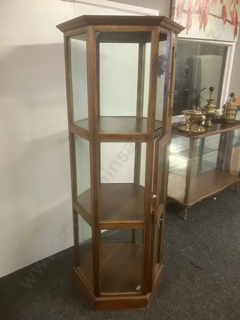 Wood & Glass Hexagonal 3 Tier Display Cabinet, 2 Door With Keys. 179.5 x 75cm (1 Glass Panel Missing) Image 1++