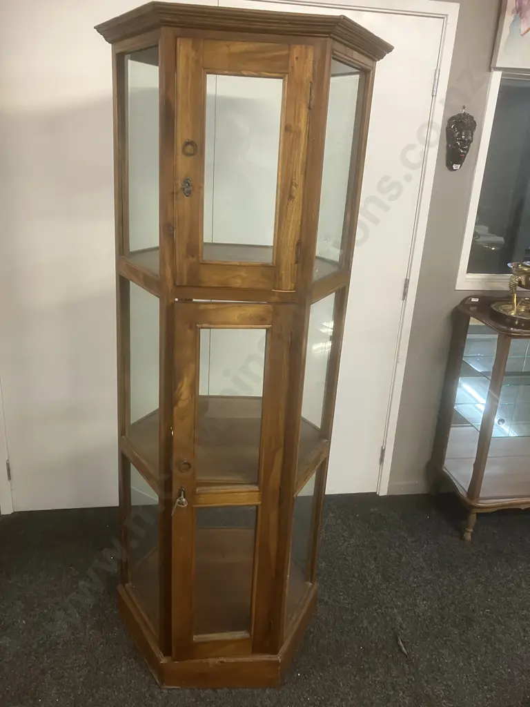 Wood & Glass Hexagonal 3 Tier Display Cabinet, 2 Door With Keys. 179.5 x 75cm (1 Glass Panel Missing) Image 1++