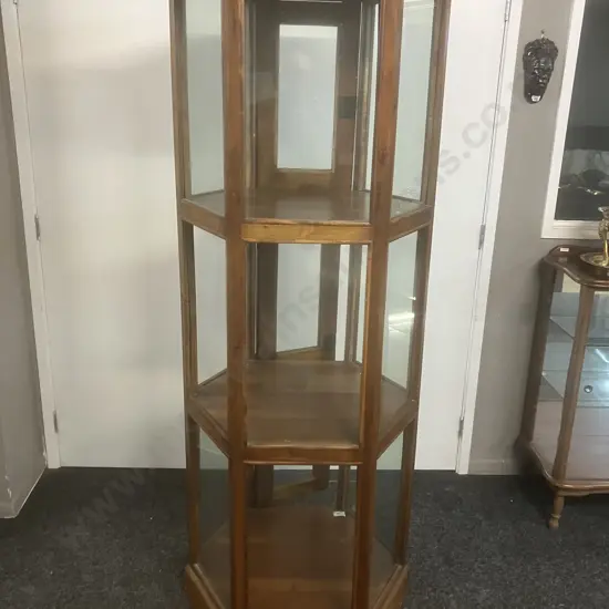 Wood & Glass Hexagonal 3 Tier Display Cabinet, 2 Door With Keys. 179.5 x 75cm (1 Glass Panel Missing)