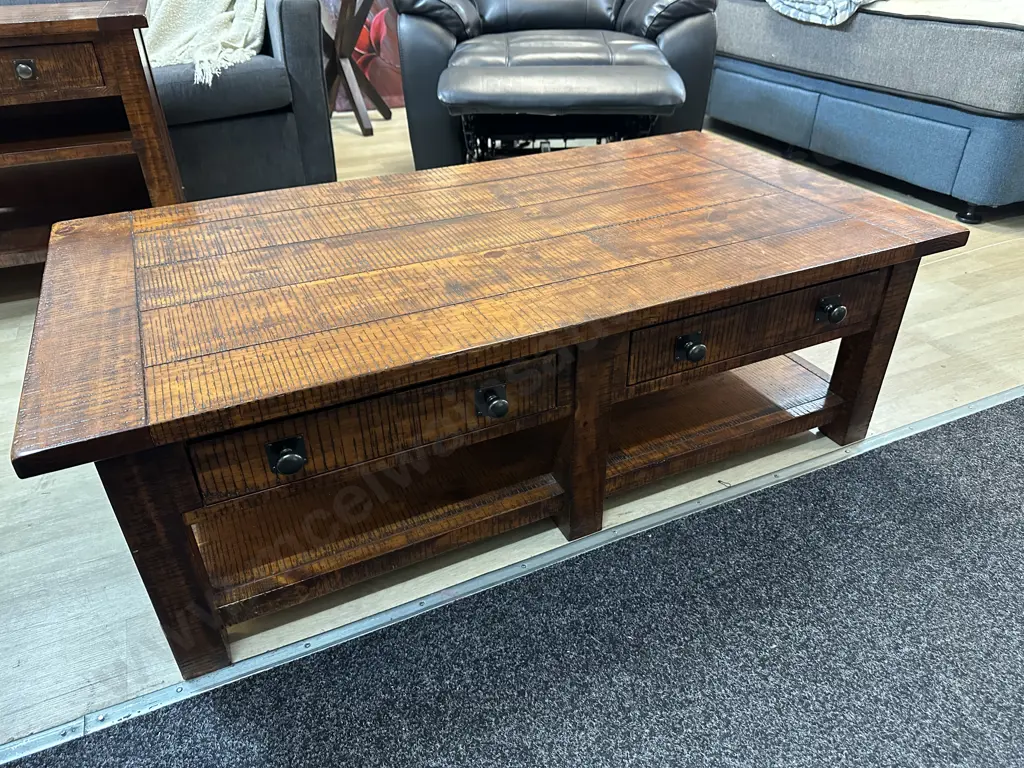 Freedom Furniture Rustic Coffee Table Two Drawers Slide Through With Open Shelf H40 W130 D70cm. Image 1++