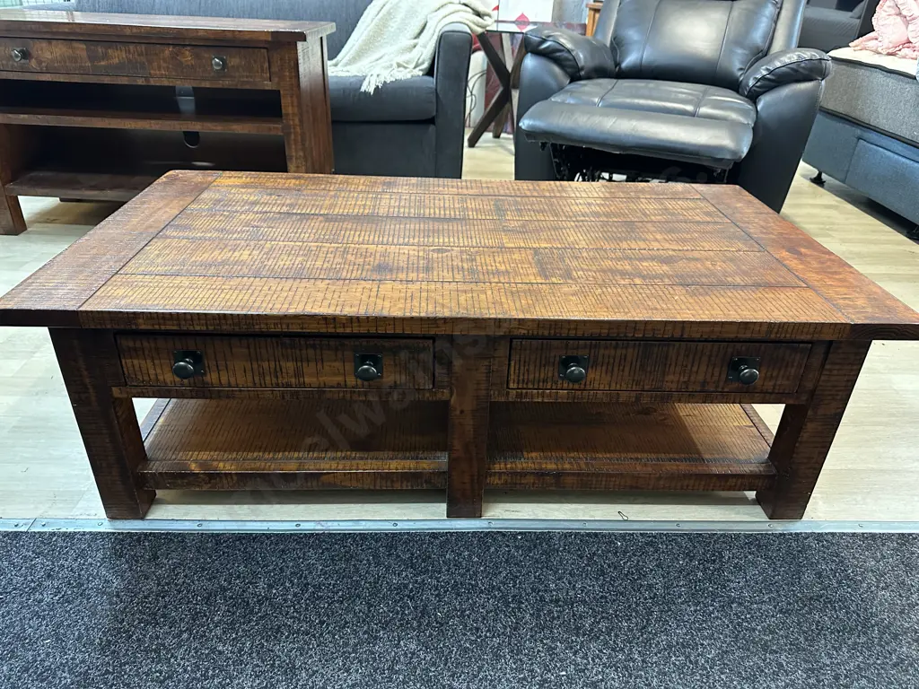 Freedom Furniture Rustic Coffee Table Two Drawers Slide Through With Open Shelf H40 W130 D70cm. Image 1++