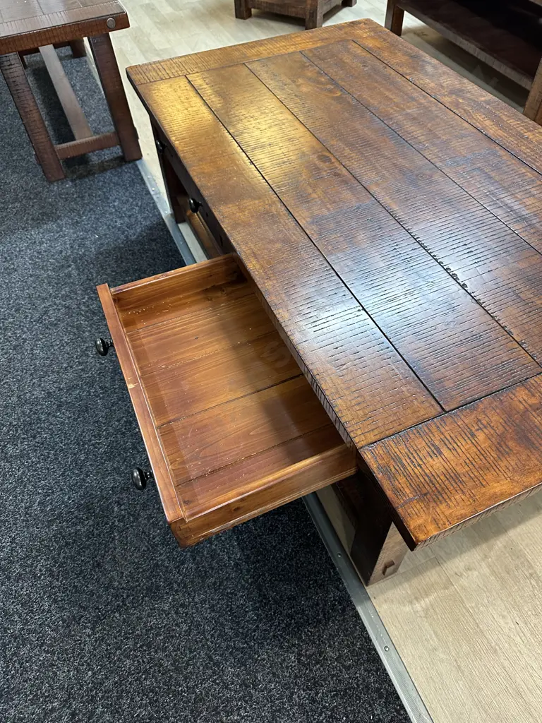 Freedom Furniture Rustic Coffee Table Two Drawers Slide Through With Open Shelf H40 W130 D70cm. Image 1++