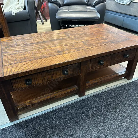 Freedom Furniture Rustic Coffee Table Two Drawers Slide Through With Open Shelf H40 W130 D70cm.