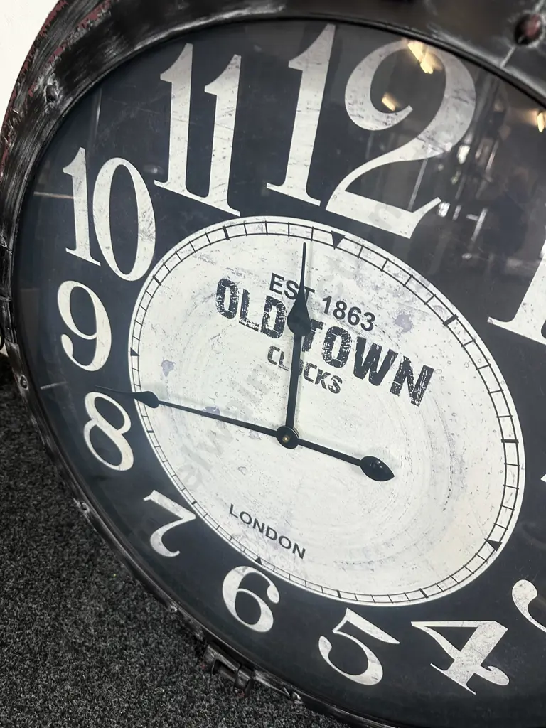 Industrial Style Round Clock Distressed Metal Frame & White face Labeled 'Old Town Clocks' Est 1863 London Dia80x80cm. Image 1++