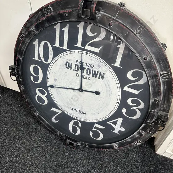 Industrial Style Round Clock Distressed Metal Frame & White face Labeled 'Old Town Clocks' Est 1863 London Dia80x80cm.