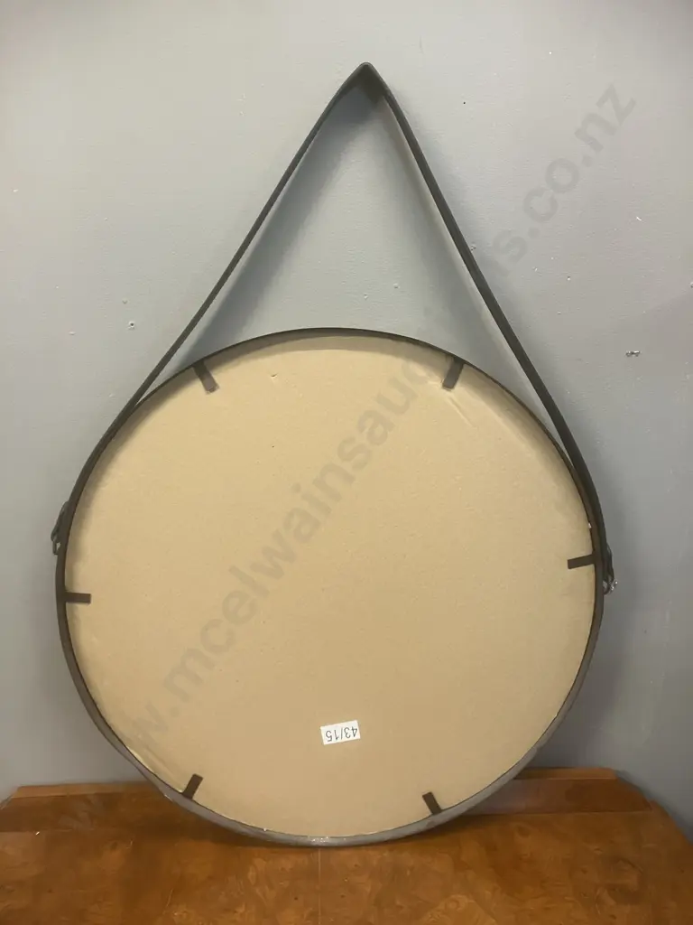 Brown Round Wall Mirror With Leather Strap. 55cm Image 1++
