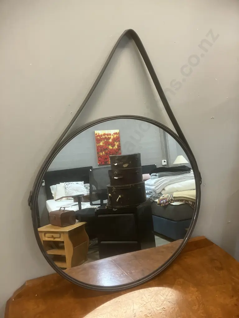 Brown Round Wall Mirror With Leather Strap. 55cm Image 1++