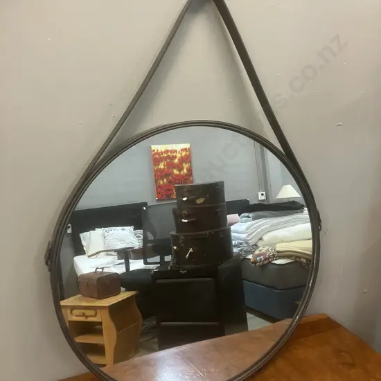 Brown Round Wall Mirror With Leather Strap. 55cm