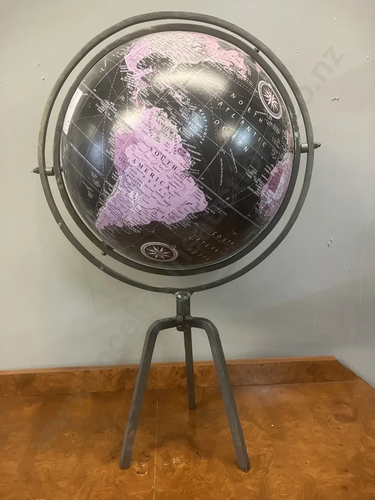 Rotating 28cm Black & Pink World Globe On Steel Stand - 2008 Image 1++