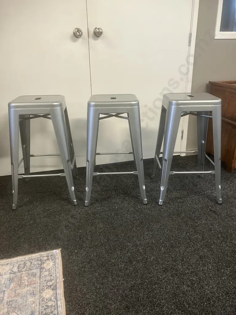 Set of 3 Grey Metal Stools. H67cm Image 1++