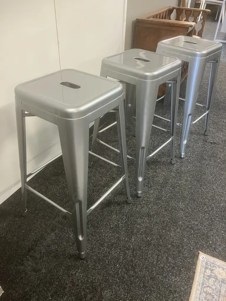 Set of 3 Grey Metal Stools. H67cm Image 1++