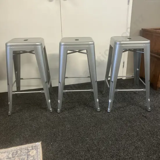 Set of 3 Grey Metal Stools. H67cm