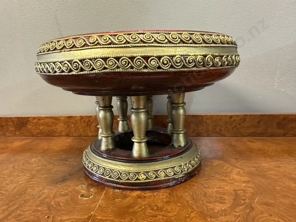 Handcrafted Thai Lanna Style Wooden Khantoke Pedestal Tray Distressed Red & Gold Paint H17 Dia26cm. Image 1++