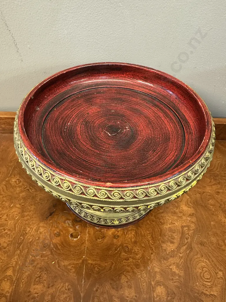Handcrafted Thai Lanna Style Wooden Khantoke Pedestal Tray Distressed Red & Gold Paint H17 Dia26cm. Image 1++