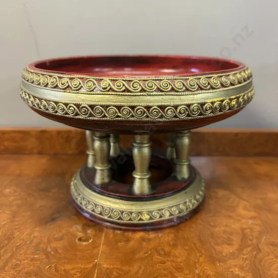 Handcrafted Thai Lanna Style Wooden Khantoke Pedestal Tray Distressed Red & Gold Paint H17 Dia26cm.
