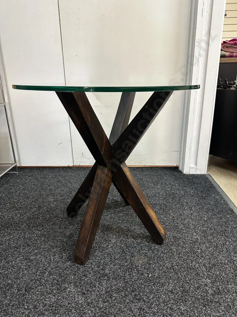 Modern Round Glass Top Side Table With Dark Star Shaped Base H59 Dia61cm. Image 1++