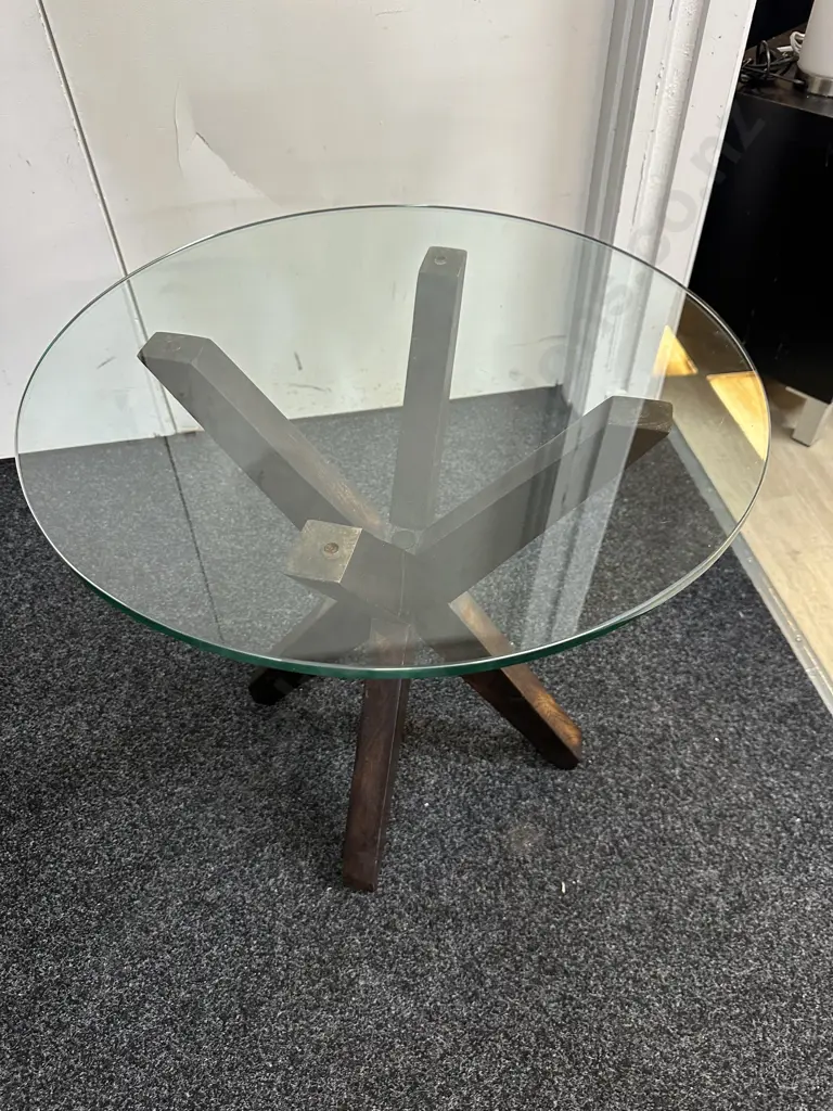 Modern Round Glass Top Side Table With Dark Star Shaped Base H59 Dia61cm. Image 1++