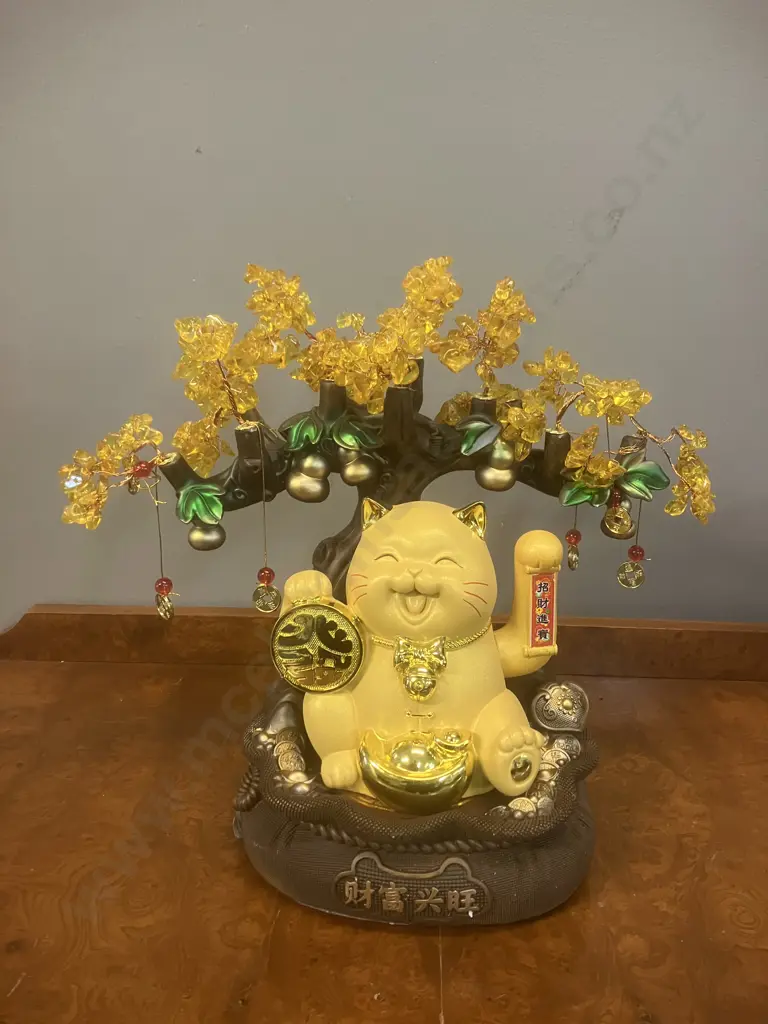 Natural Crystal Citrine Money Tree with Maneki-Neko. H34cm Image 1++
