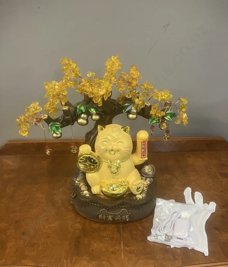 Natural Crystal Citrine Money Tree with Maneki-Neko. H34cm Image 1++