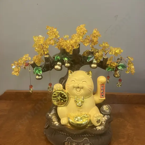 Natural Crystal Citrine Money Tree with Maneki-Neko. H34cm