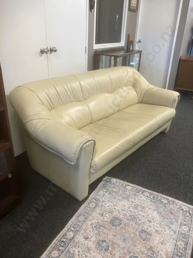 Ex Danske Mobler - Ivory Colour Leather Three Seater Sofa, Small Black Feet. H82 W198 D88cm (With Paperwork) Image 1++