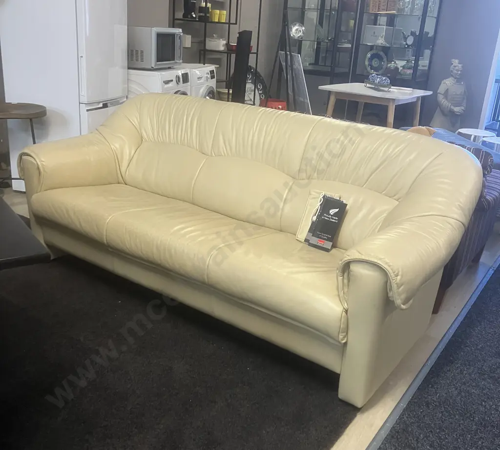 Ex Danske Mobler - Ivory Colour Leather Three Seater Sofa, Small Black Feet. H82 W198 D88cm (With Paperwork) Image 1++