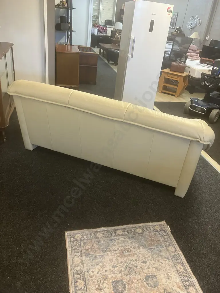 Ex Danske Mobler - Ivory Colour Leather Three Seater Sofa, Small Black Feet. H82 W198 D88cm (With Paperwork) Image 1++