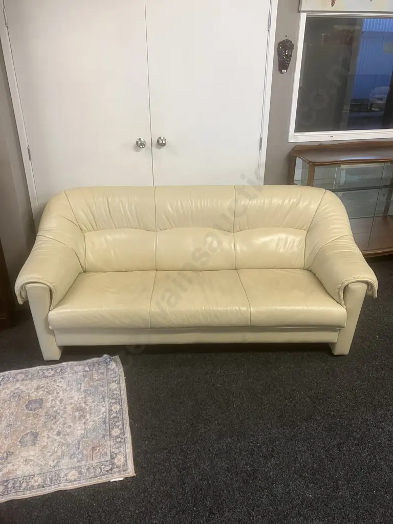 Ex Danske Mobler - Ivory Colour Leather Three Seater Sofa, Small Black Feet. H82 W198 D88cm (With Paperwork) Image 1++