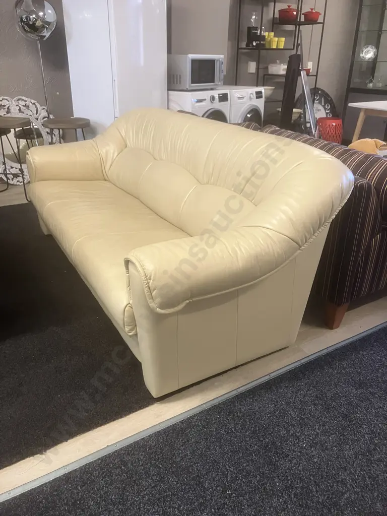 Ex Danske Mobler - Ivory Colour Leather Three Seater Sofa, Small Black Feet. H82 W198 D88cm (With Paperwork) Image 1++