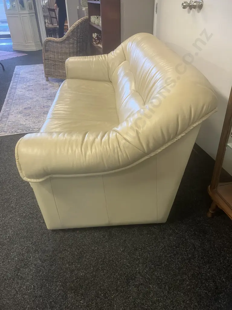 Ex Danske Mobler - Ivory Colour Leather Three Seater Sofa, Small Black Feet. H82 W198 D88cm (With Paperwork) Image 1++