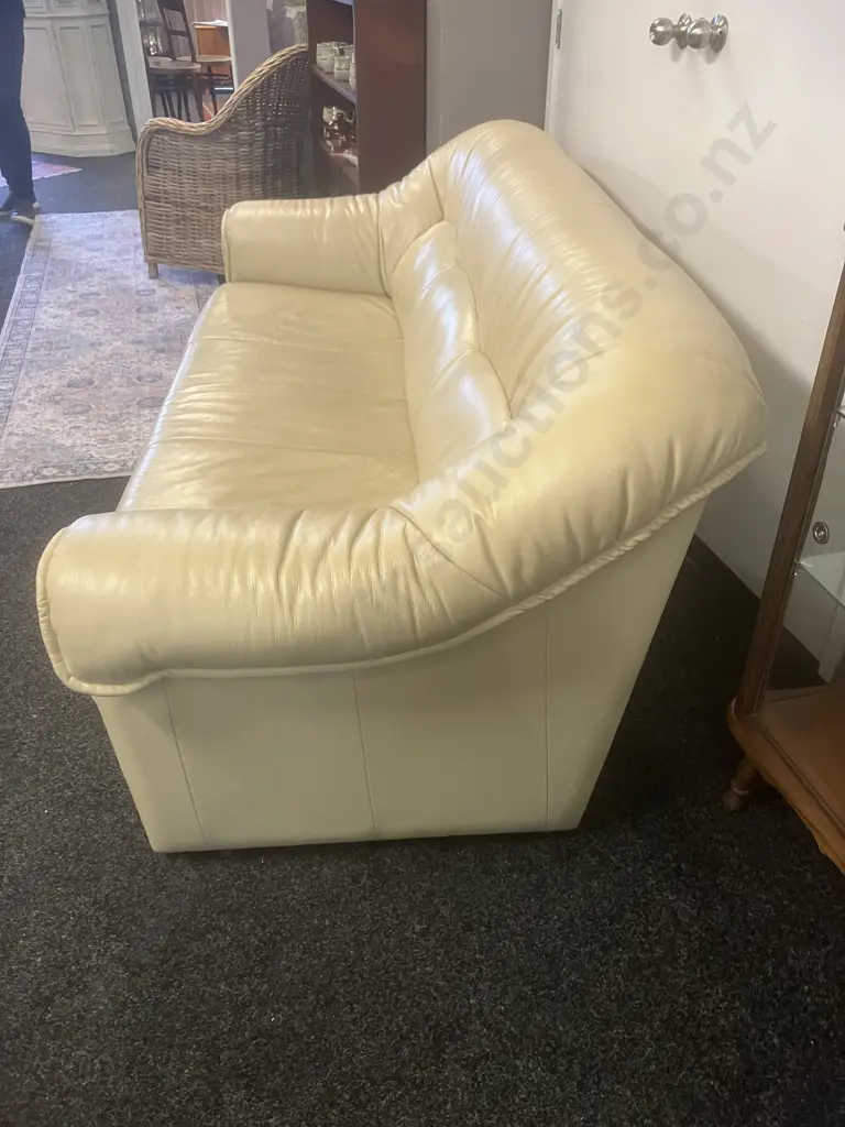 Ex Danske Mobler - Ivory Colour Leather Three Seater Sofa, Small Black Feet. H82 W198 D88cm (With Paperwork) Image 1++