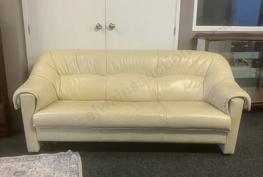 Ex Danske Mobler - Ivory Colour Leather Three Seater Sofa, Small Black Feet. H82 W198 D88cm (With Paperwork) Image 1++