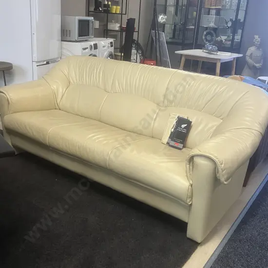 Ex Danske Mobler - Ivory Colour Leather Three Seater Sofa, Small Black Feet. H82 W198 D88cm (With Paperwork)