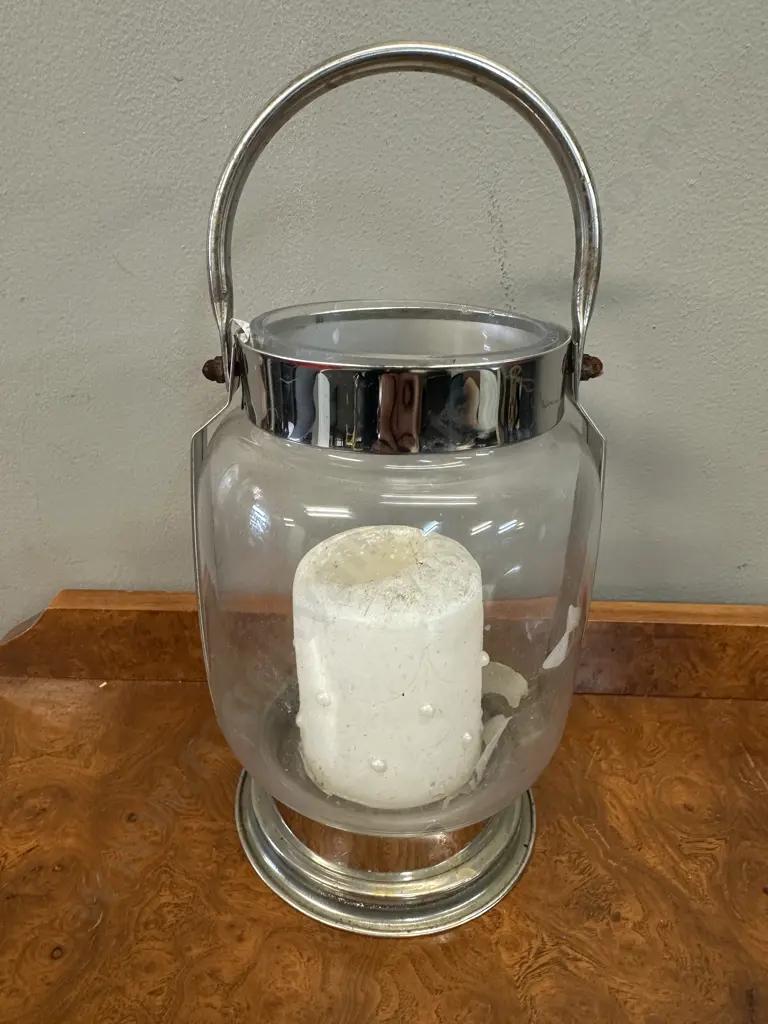Glass & Metal Hurricane Lantern With Candle. 28.5cm Image 1++