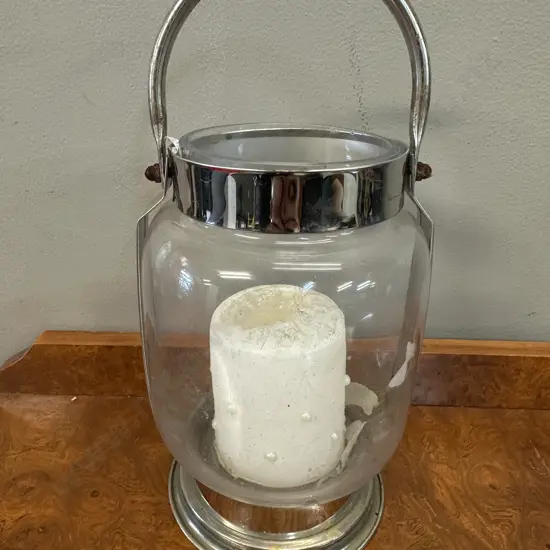 Glass & Metal Hurricane Lantern With Candle. 28.5cm