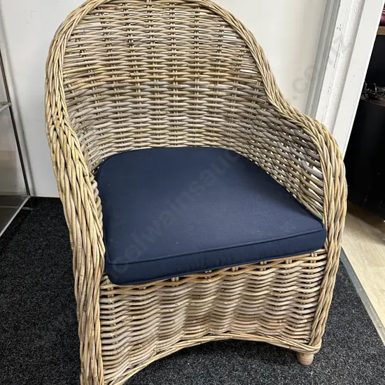 Early Settler Martinque Natural Woven Rattan Arm Chair With A Rounded Back & Navy Seat Cuchion W59cm.