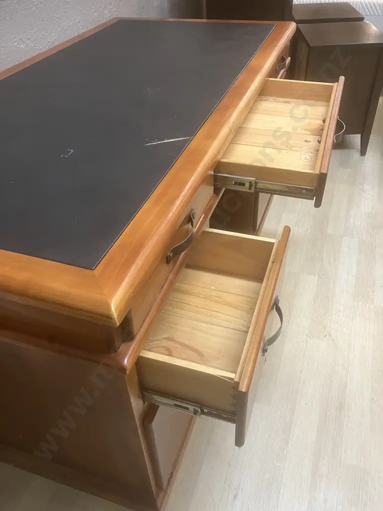 Felton Solid NZ Pine 7 Drawer Desk, Curved Steel Handles. H79 W165.5 D83cm (Leather Top Split) Image 1++
