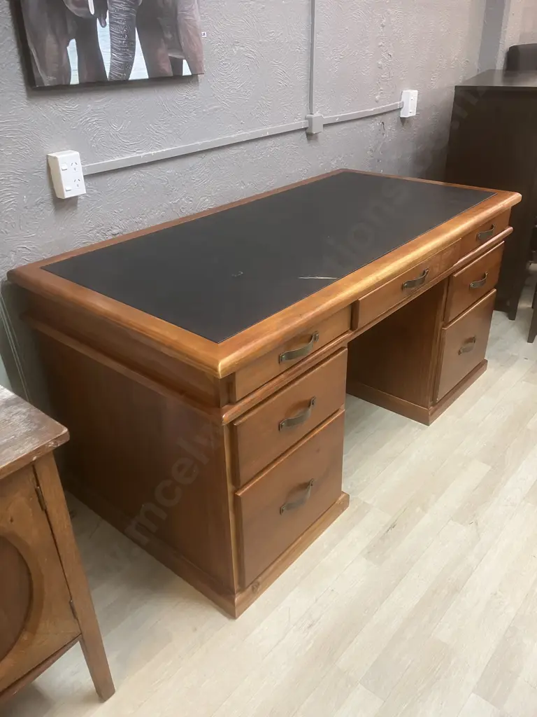 Felton Solid NZ Pine 7 Drawer Desk, Curved Steel Handles. H79 W165.5 D83cm (Leather Top Split) Image 1++