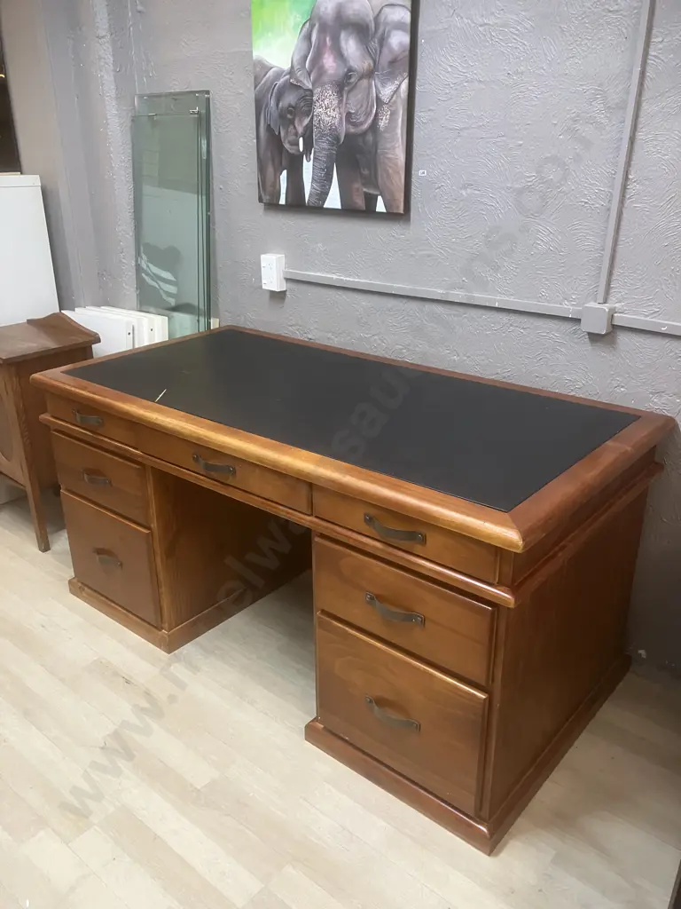 Felton Solid NZ Pine 7 Drawer Desk, Curved Steel Handles. H79 W165.5 D83cm (Leather Top Split) Image 1++