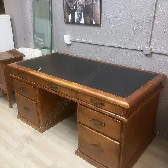 Felton Solid NZ Pine 7 Drawer Desk, Curved Steel Handles. H79 W165.5 D83cm (Leather Top Split)