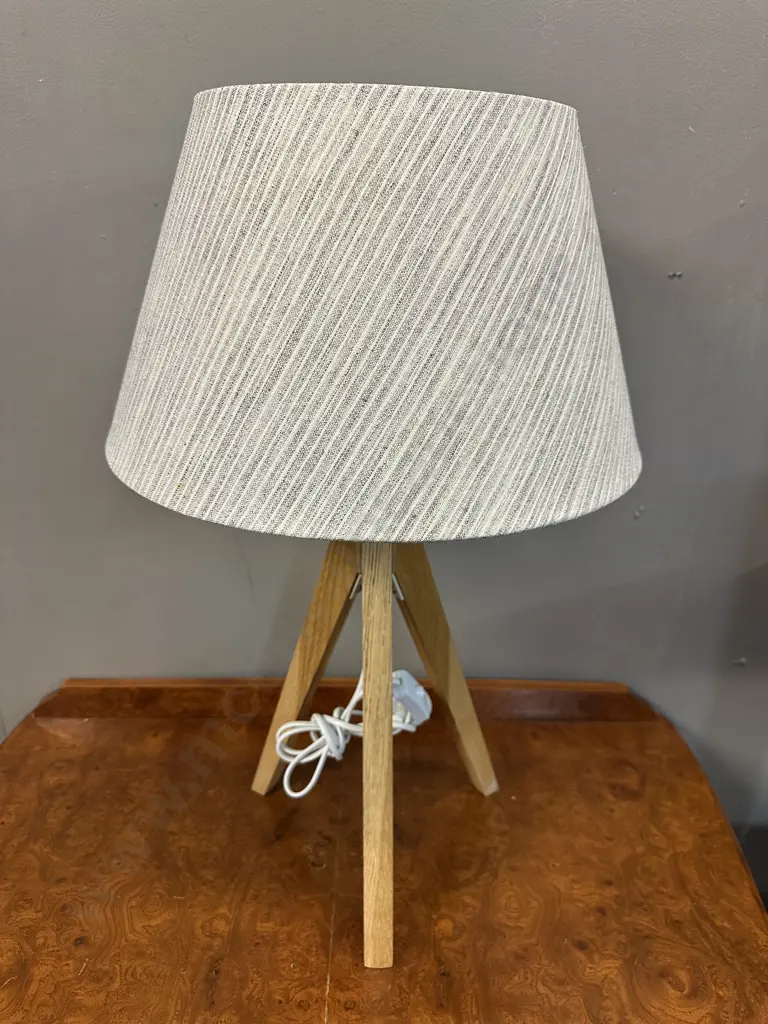 Table Lamp Wooden Tripod Base With Wheat Coloured Shade H65cm. Image 1++