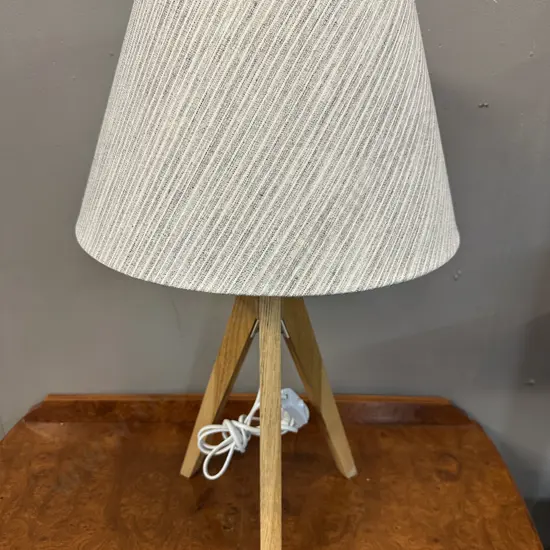 Table Lamp Wooden Tripod Base With Wheat Coloured Shade H65cm.