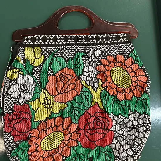 Vintage Beaded Handbag Vibrant Floral Pattern