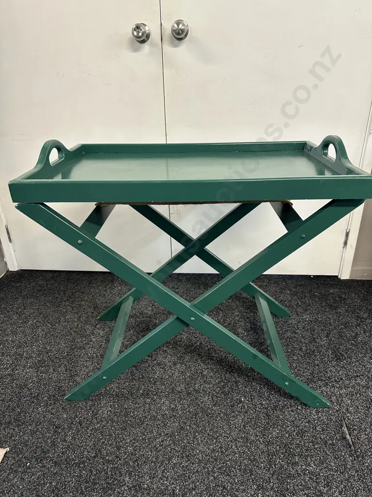 Painted Green Wooden Butlers Tray Table Folding X-Base Frame Image 1++