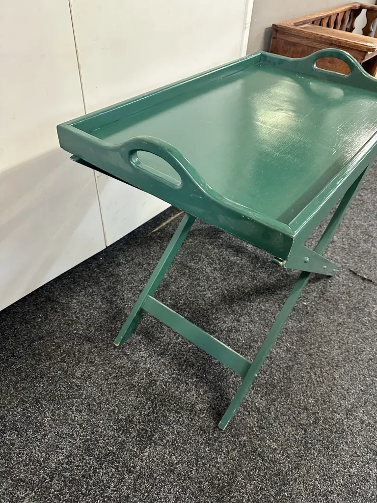 Painted Green Wooden Butlers Tray Table Folding X-Base Frame Image 1++