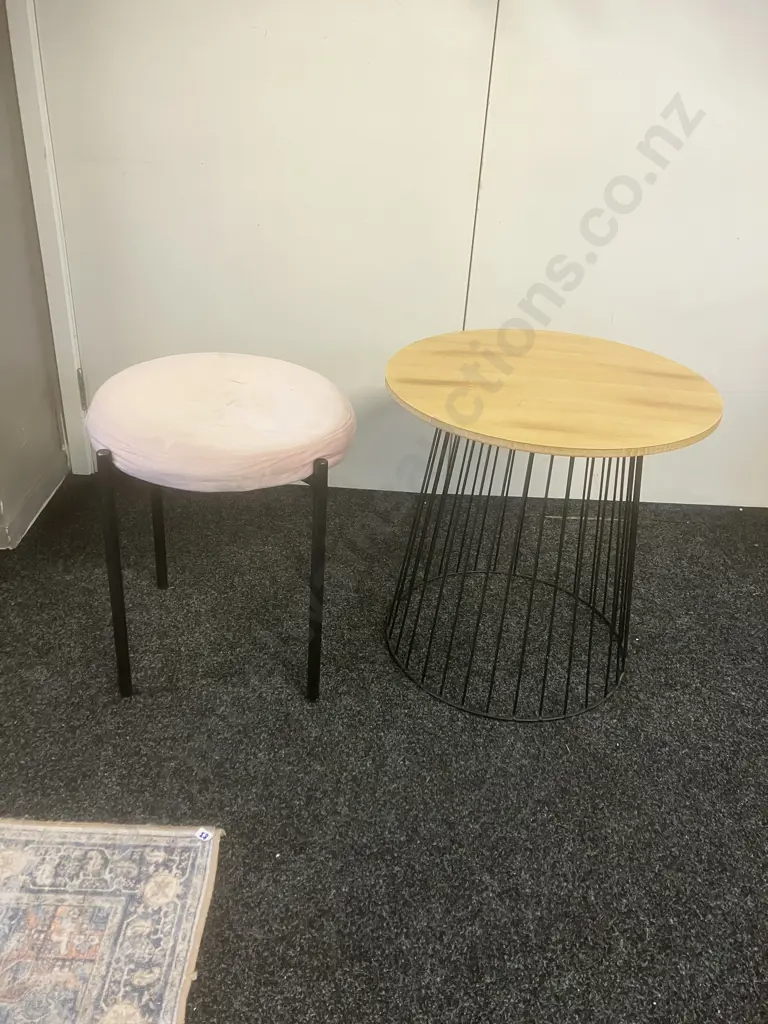 Pink & Black Stool & Round Side Table On Black Wire Base Image 1++