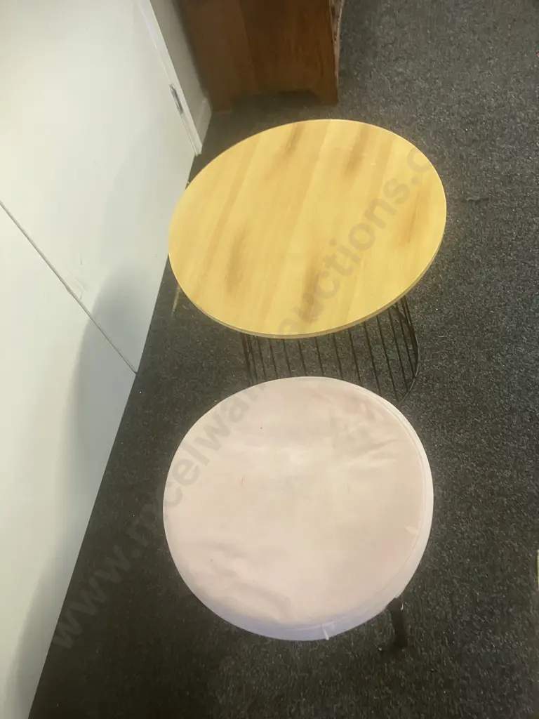 Pink & Black Stool & Round Side Table On Black Wire Base Image 1++